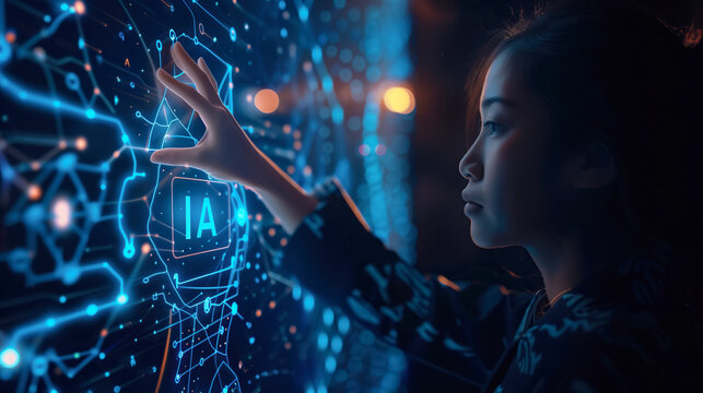 Businesswoman clicking IA hologram on display. Business office center with Artificial intelligence. Database, big data and information technology.