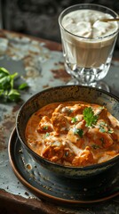 A delicious and creamy butter chicken dish with a side of refreshing lassi.