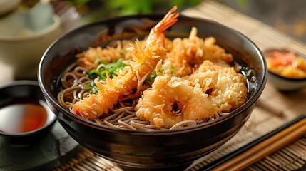 A bowl of delicious Japanese Soba noodles with tempura. The noodles are made from buckwheat flour and served in a light broth with a variety of tempura vegetables and.