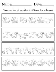 Elephant Puzzle. Printable Activity Page for Kids. Educational Resources for School for Kids. Kids Activity Worksheet. Find the Different Object