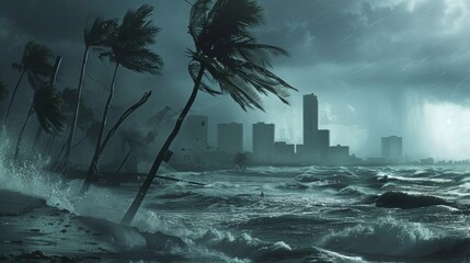 A hurricane making landfall on a coastal city, with powerful winds bending palm trees and torrential rain flooding the streets, while waves crash violently against the shore - Powered by Adobe