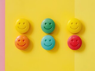 Multi-Color Facecircle Pills with Happiness Labels in the Center of a Solid Color Background. High-Resolution, Detailed Photography.