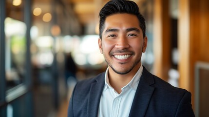 Obraz premium Professional Asian Businessman Smiling in Modern Office, Corporate Portrait, Business Profile, Workplace Environment, Concept of Diversity
