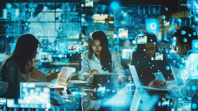 Business center. Data processing office with executive office staff. Displays showing statistics, graphs, customers, shipping. Asian ethnicity woman. AI