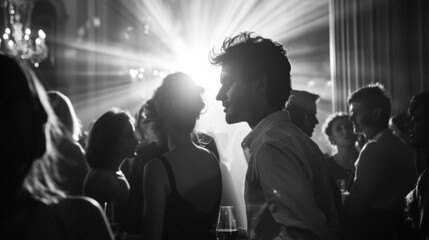 A group of friends having fun at a party. Black and white image. A young man dances on the dance floor. Fun concept.