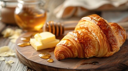 Famous French croissant with butter and honey on a wooden flat plate close-up with natural light. Copy space