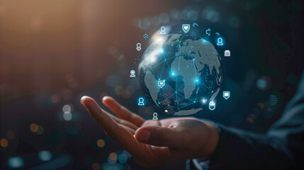Hand of unrecognizable person with a floating earth globe hologram. Business office center. Concept : Artificial Intelligence, database, big data, information, technology, communication, shipping.