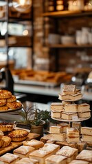 Fototapeta premium A bustling Australian bakery featuring lamingtons and meat pies, with a bright, airy interior and modern design