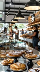 A bustling Australian bakery featuring lamingtons and meat pies, with a bright, airy interior and modern design