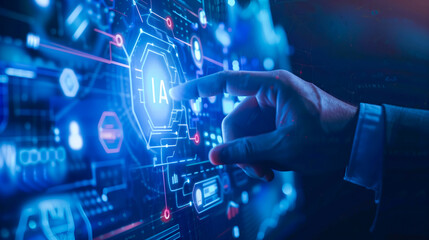 Unrecognizable businessman's hand pressing artificial intelligence hologram on projection screen. Business center and business office. database, big data, information technology.
