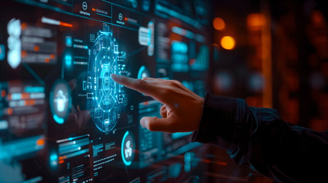 Unrecognizable business person clicking hologram on projection screen. Business center and business office. database, big data, information technology.