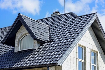 Obraz premium Detailed view of a modern residential roof with black tiles