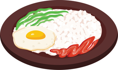 Vector graphic of a sunnysideup egg, white rice, and greens on a plate