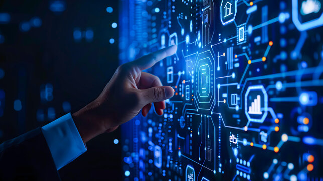 Unrecognizable business person clicking hologram on projection screen. Business center and business office. database, big data, information technology.