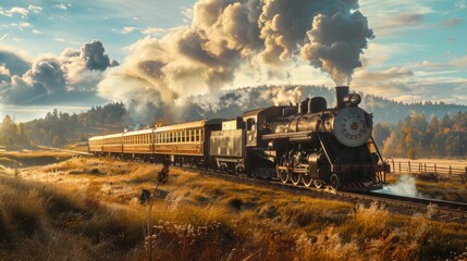 Vintage steam train chugging through a picturesque countryside landscape.