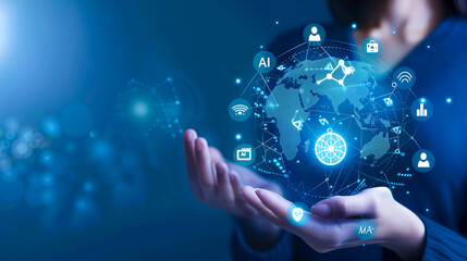 Hand of business woman with a floating earth globe hologram. Business office center. Concept : Artificial Intelligence, database, big data, information, technology, communication, shipping.