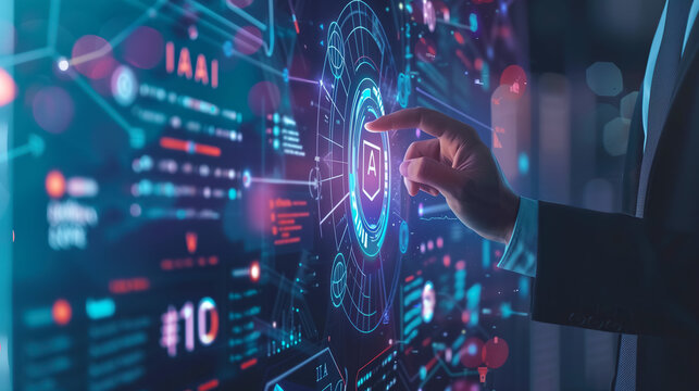 Unrecognizable business person clicking hologram on projection screen. Business center and business office. database, big data, information technology.