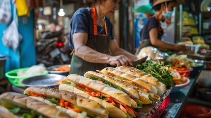 Obraz premium A bustling Vietnamese street food scene with a vendor preparing banh mi, with colorful ingredients and a lively market in the background