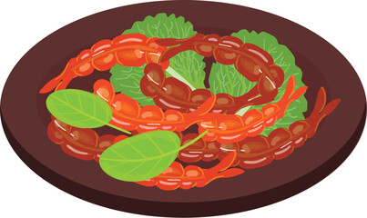 Vector illustration of spaghetti in tomato sauce garnished with basil leaves served on a brown plate