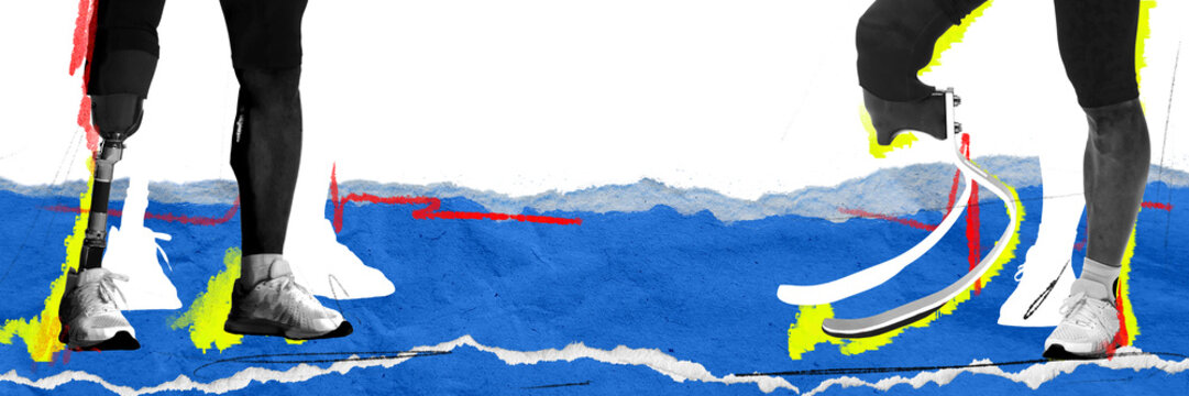 Cropped image of male legs with a prosthetic leg. Male runner taking part in training. Contemporary art collage. Concept of sport, tournament, competition, active and healthy lifestyle. Banner