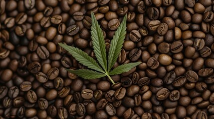 Fototapeta premium Cannabis Leaf on Roasted Coffee Beans Background