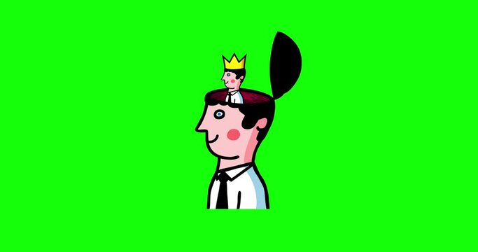One man's head open greenbox and there is him with crown inside instead of brain. Narcissism psychollogy npd subject metaphor good for any video material with concept explainer.