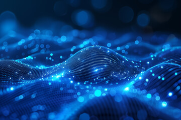 Abstract 3D glowing waves of digital particles. Technology background. AI, and big data and machine learning and digital concept background, designed for brochures, flyers, magazine, banner