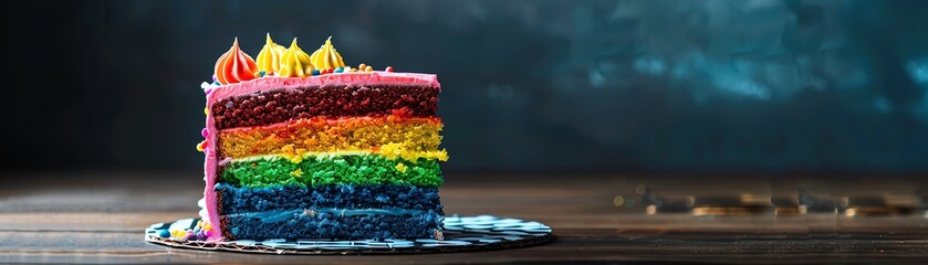 A closeup of a beautifully decorated Pride cake with rainbow layers and colorful frosting on a festive table