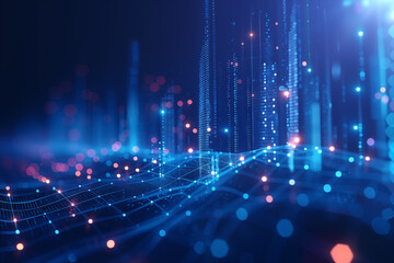 Abstract 3D glowing waves of digital particles. Technology background. AI, and big data and machine learning and digital concept background, designed for brochures, flyers, magazine, banner