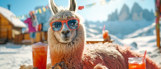 Obraz premium Cool llama wearing sunglasses and relaxing in a snowy mountain setting with a refreshing drink in winter.