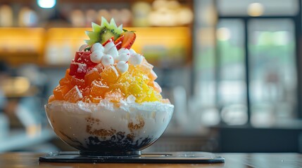 A closeup of a Korean bingsu dessert, showcasing the shaved ice and colorful toppings, set against a modern cafe interior