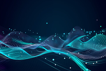 Abstract 3D glowing waves of digital particles. Technology background. AI, and big data and machine learning and digital concept background, designed for brochures, flyers, magazine, banner