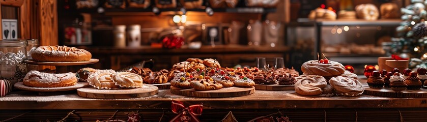 Naklejka premium A closeup of a Polish bakerys display of paczki and other pastries, with a cozy, rustic interior and festive decorations
