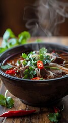 A closeup of a steaming bowl of Thai beef noodle soup, with fresh herbs and chili, set against a wooden background