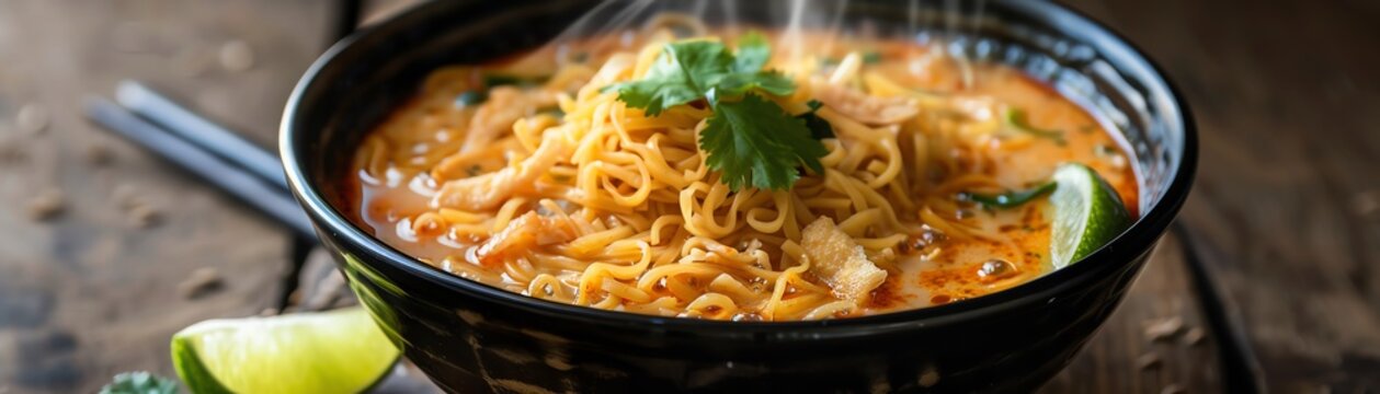 A closeup of a steaming bowl of khao soi coconut curry noodle soup, with crispy noodles and fresh lime, set against a wooden background