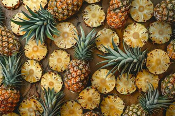 Fototapeta premium Tropical Abundance A Delightful Array of Whole and Sliced Pineapples 