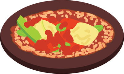 Illustration of huevos rancheros with eggs, salsa, beans, and tortilla on plate