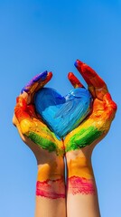 Naklejka premium A closeup of hands painted with rainbow colors forming a heart shape against a blue sky