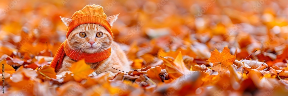 Poster charming cat in hat and scarf on autumn backdrop with ample room for text placement