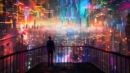 man standing on balcony looking at futuristic city with colorful light, digital art style,...