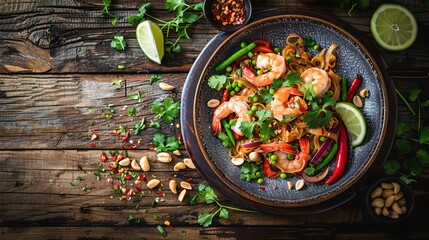 Pad Thai, a popular Thai street food dish. It is made with stir-fried rice noodles, vegetables, and...