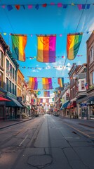 Fototapeta premium A colorful Pride Month banner hanging over a main street with shops and cafes below
