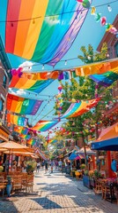 A colorful Pride Month banner hanging over a main street with shops and cafes below