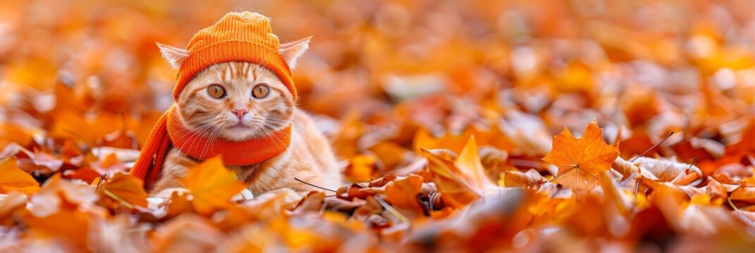 Charming cat in hat and scarf on autumn backdrop with ample room for text placement