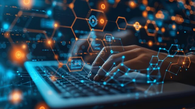 A programmer coding a smart contract on a laptop with blockchain graphics in the background,