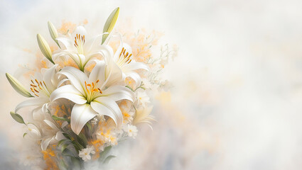 Ilustracja, bukiet kwiatów białe lilie. Dekoracyjne letnie kwiaty, miejsce na tekst, życzenia lub zaproszenie