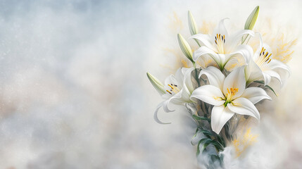 Ilustracja, bukiet kwiatów białe lilie. Dekoracyjne kwiaty, miejsce na tekst, życzenia lub zaproszenie