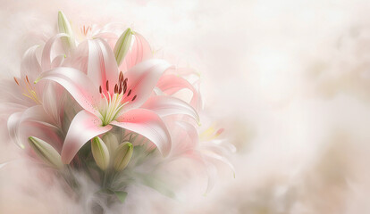 Ilustracja, letni kwiat lilia, różowy jasny kolor. Pastelowe dekoracyjne tło kwiatowe. Bukiet kwiatów, puste miejsce na tekst, życzenia lub zaproszenie