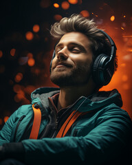 Man with headphones immersed in music abstract background, showing fun relaxed listening experience