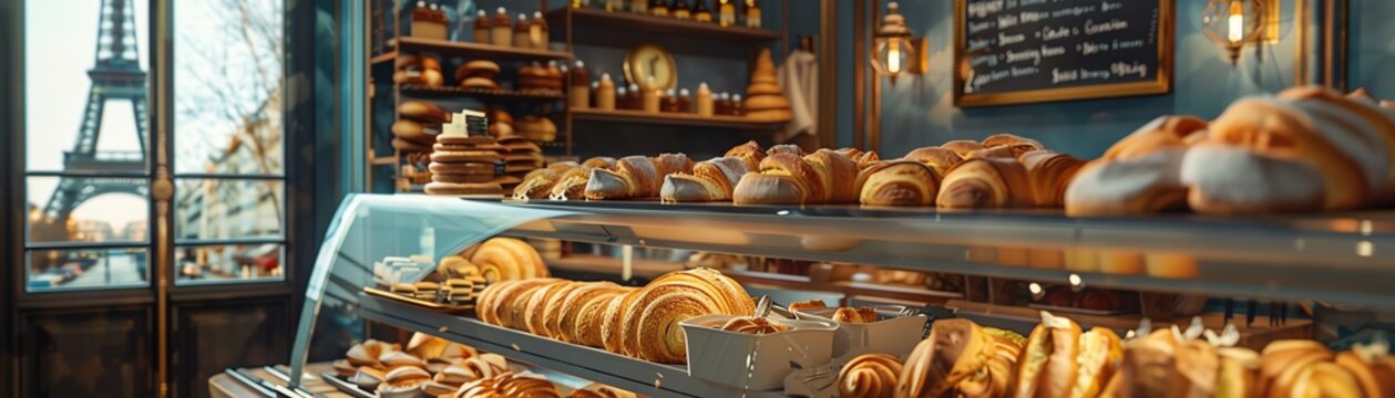 A cozy Parisian bakery with a display of freshly baked baguettes and croissants, with the Eiffel Tower visible through the window